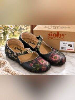 Goby Floral Mary Jane Shoes EU 39 8.5 Black Boho Artsy Vegan Leather Turkey